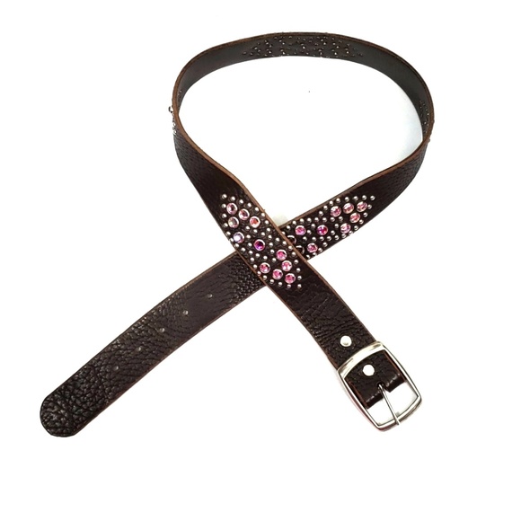 Brown Leather Studded Belt with Pink Stones L - Picture 4 of 4